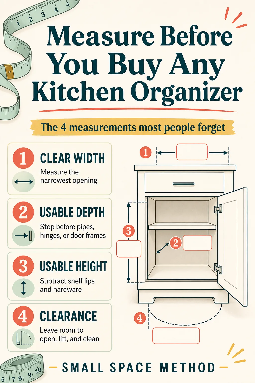 Measure Before You Buy kitchen organizer checklist