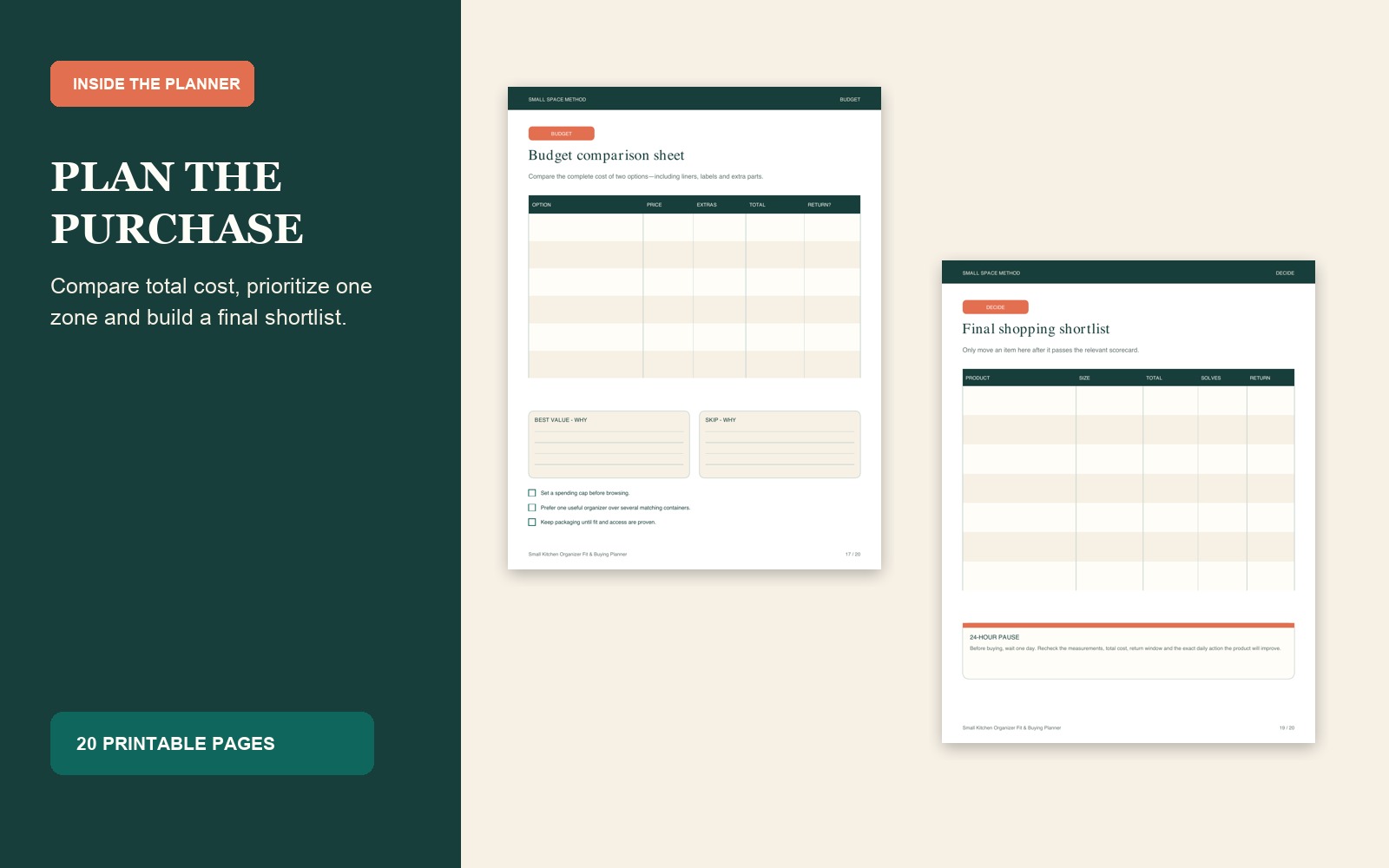 Budget and final shopping shortlist worksheets