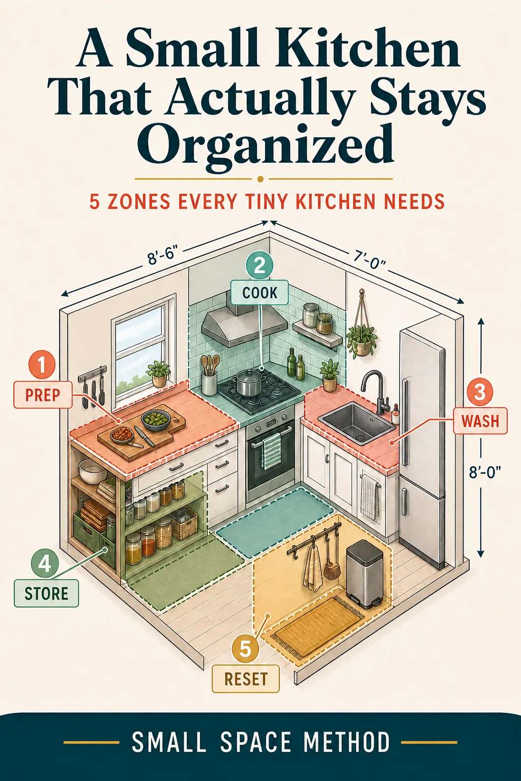Five-zone small kitchen organization map showing prep, cook, wash, store, and reset zones