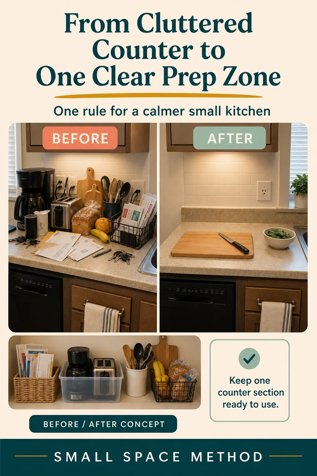 Before and after concept showing one clear kitchen prep zone
